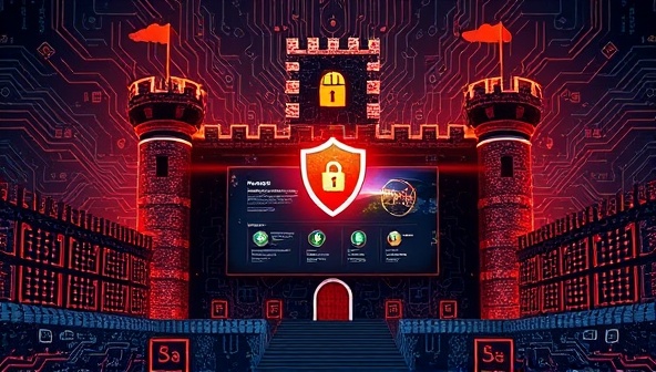 A digital fortress with intricate cybersecurity symbols and shields protecting a modern website design, showcasing the robust security features and protection offered by SecureWebCraft's cybersecurity-focused web design subscription service.