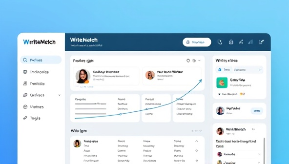 An intuitive dashboard interface of the WriteMatch platform, displaying profiles of freelance writers and available writing gigs, with a matching algorithm visualized to show the process of connecting writers with suitable opportunities.