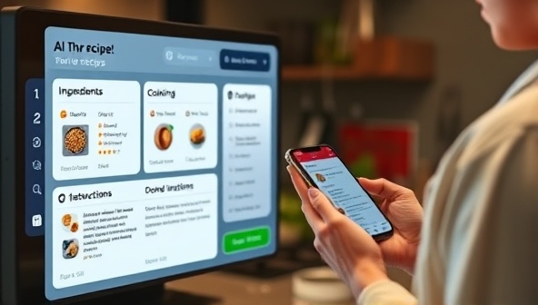An AI interface displaying customizable recipe options with ingredients, cooking instructions, and user ratings, alongside a person using a smartphone to access the platform, illustrating convenience and innovation in cooking.