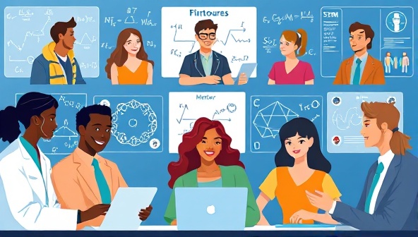 An engaging digital illustration featuring a diverse group of mentors and mentees in STEM fields interacting virtually, sharing knowledge and insights, with digital screens displaying complex equations and scientific diagrams in the background, symbolizing the collaborative and educational nature of STEMentorConnect.