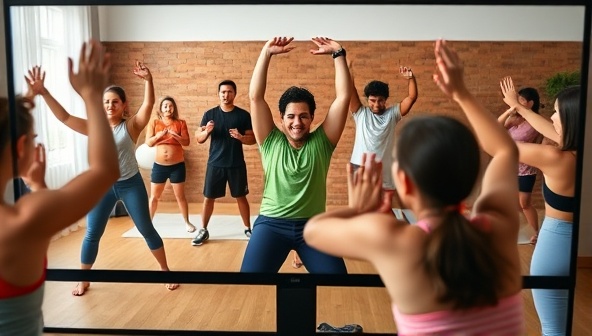 A vibrant and energetic virtual fitness session, with a diverse group of individuals engaging in various exercises guided by a virtual coach on a computer screen, conveying motivation and inclusivity.