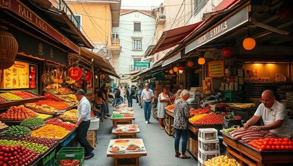 An evocative image capturing a scenic culinary market in a vibrant foreign locale bustling with activity, colorful produce stalls, local chefs preparing traditional dishes, and travelers immersing themselves in the culinary culture, encapsulating the essence of culinary adventure travel.