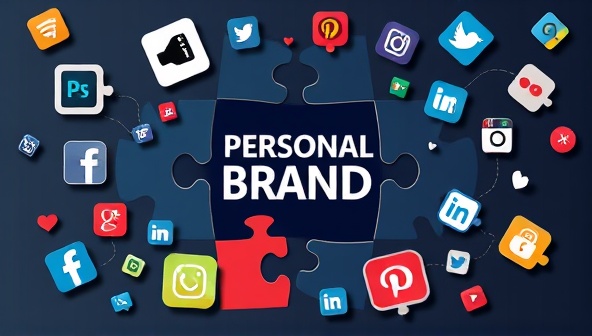 An artistic representation of a puzzle coming together to form a personal brand logo, surrounded by social media icons and digital elements, symbolizing the process of crafting a cohesive and impactful personal brand identity.