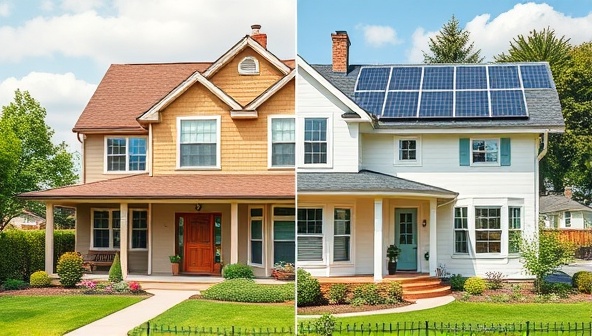 A split image showing a traditional home with high energy consumption beside the same home transformed into an energy-efficient oasis with solar panels, smart home devices, and lush green landscaping, symbolizing a sustainable lifestyle.