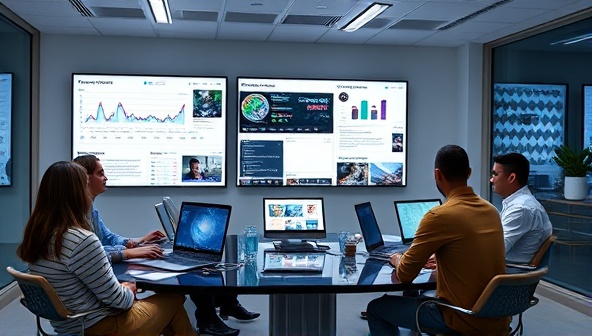 A sleek and modern office setting with talent managers discussing strategies with gaming influencers and content creators, surrounded by screens displaying social media analytics, brand partnerships, and upcoming collaboration opportunities, showcasing the professional and dynamic environment of GameChanger Agency.