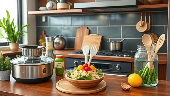 A modern kitchen setup with EcoChef Box products displayed on the counter, showcasing energy-efficient cooking appliances and utensils being used to prepare a delicious and eco-friendly meal, promoting sustainability in culinary practices.