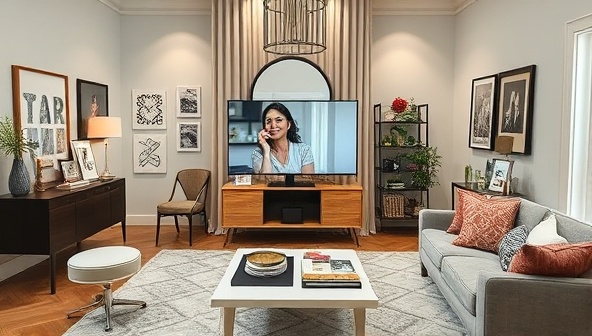 An elegant and modern virtual design studio setup with a designer conducting a video consultation with a client, surrounded by mood boards, fabric swatches, and design samples, creating a professional and creative atmosphere for VirtualDesign360's interior design services.