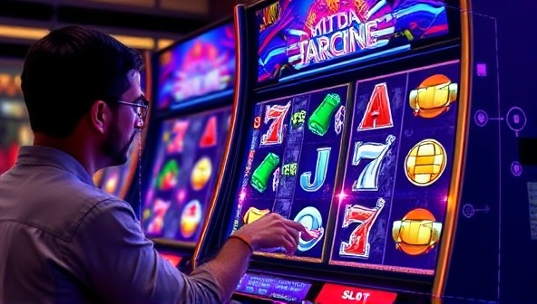 An image of a physical slot machine overlaid with vibrant AR graphics and animations, showing a player interacting with the digital elements on the slot machine screen, highlighting the seamless integration of physical and digital gaming elements.