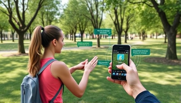 A visual representation of a user interacting with the FitQuest AR app, engaging in augmented reality fitness challenges in a park setting, with virtual obstacles and rewards overlaying the real-world environment, promoting active and immersive workout experiences with the app.