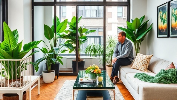 A chic urban apartment setting with a variety of lush, well-maintained indoor plants placed strategically to enhance the decor, with a plant care specialist providing personalized advice to a client, embodying the essence of UrbanGreens Concierge service.