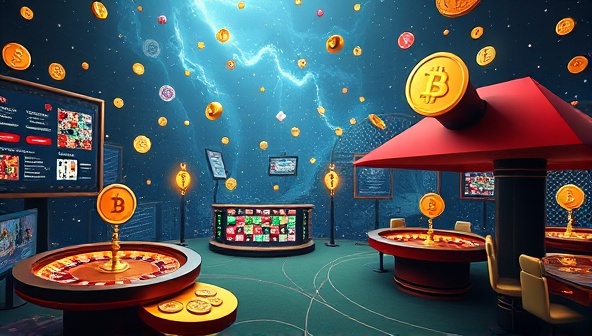 An immersive digital landscape featuring a casino environment infused with cryptocurrency symbols, virtual tokens, and interactive rewards displays, showcasing the innovative fusion of online gambling and crypto-based incentives in a visually captivating scene that highlights the rewards program's benefits and features.