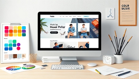 An artistic rendering of a computer screen displaying a beautifully designed website template with customizable elements and options, surrounded by creative tools like color palettes and design sketches, inspiring creativity and personalization.