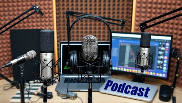 A collage of podcasting equipment including microphones, headphones, soundproofing panels, and recording software, symbolizing the creation and production of real estate podcasts, capturing industry insights and knowledge-sharing in the digital audio format.