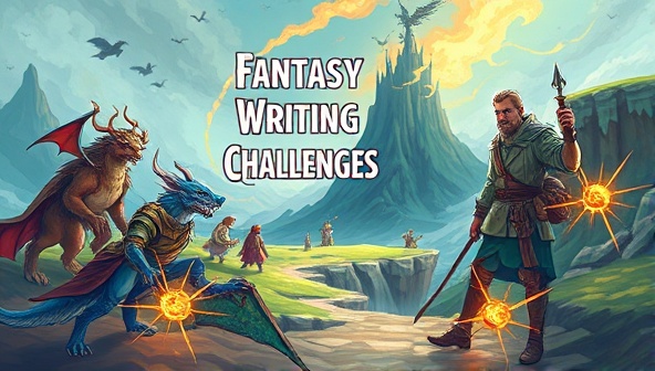 A dynamic digital illustration of a fantasy-themed writing quest with mythical creatures, enchanted landscapes, and brave writers embarking on creative challenges, symbolizing the adventurous and inspiring nature of the online writing challenges platform.