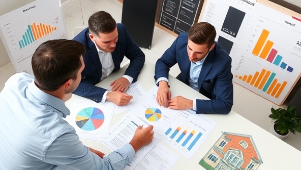 An image featuring a professional property investment coach discussing strategies with a client, surrounded by charts, property listings, and financial documents, showcasing the mentorship and guidance provided by InvestPro Mentoring.