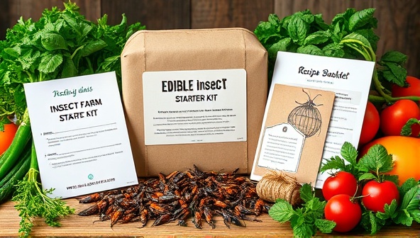 An eye-catching display of the edible insect farming starter kit components, including a mesh insect habitat, assorted edible insects, and a recipe booklet, surrounded by fresh herbs and colorful vegetables, inviting customers to embrace a sustainable and innovative food source.