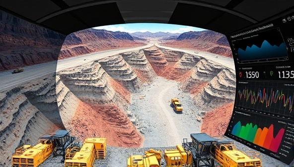 An immersive virtual reality simulation of a mine site, with detailed geological formations, machinery in operation, and real-time data analytics displayed, illustrating the advanced capabilities of Digiscope's solutions in mine planning.