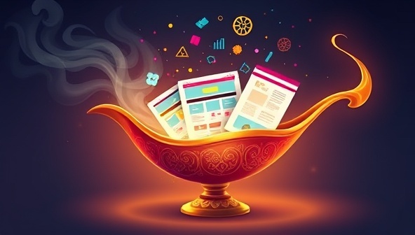 An artistic representation of a magical genie lamp releasing colorful design elements and website layouts, symbolizing the personalized and creative web design services offered by DesignGenie Subscription.