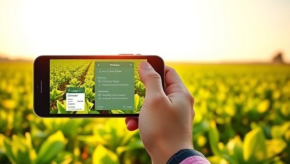 An engaging digital illustration of a farmer using the CropGuard AI app on a smartphone to scan a diseased plant in a sunlit field, with real-time disease identification results and treatment suggestions displayed on the screen, showcasing the app's practicality and effectiveness in crop protection.