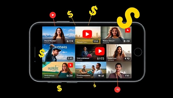 An engaging visual of a smartphone screen displaying a variety of captivating short videos with colorful play buttons and views counters, surrounded by dollar signs and revenue-sharing indicators, symbolizing the monetization potential of short-form video content on the platform.