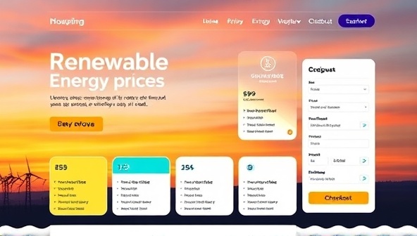 An engaging website homepage design featuring a vibrant marketplace interface showcasing various renewable energy options with transparent pricing, user reviews, and a seamless checkout process, illustrating a sustainable energy shopping experience.