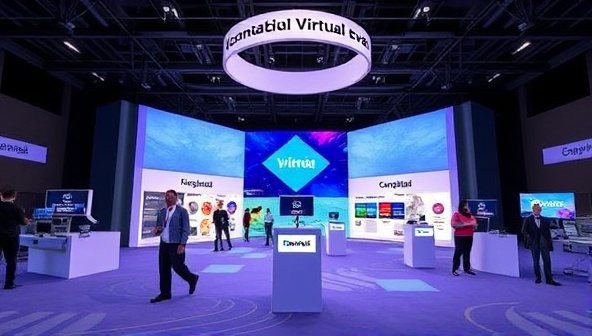 A virtual event space visualization with customizable virtual booths, interactive chat features, and live streaming capabilities, showcasing the dynamic and engaging possibilities of hosting virtual events on the platform.
