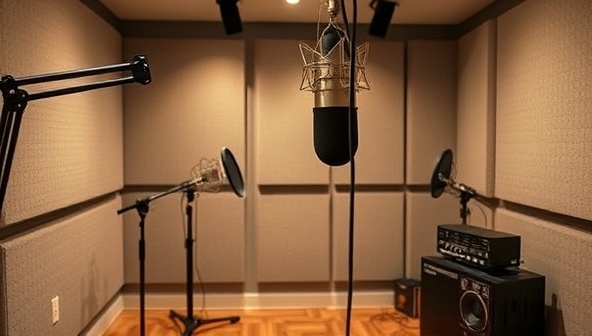 A podcast studio setup with recording equipment, soundproofing panels, and a microphone, capturing the essence of creativity and storytelling in audio production, inviting authors and listeners into the immersive world of literary podcasts.