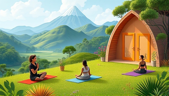 A serene digital illustration showcasing a virtual fitness retreat setting with participants engaging in yoga poses, meditation sessions, and wellness activities on a lush virtual landscape, creating a sense of relaxation and community in a virtual space.