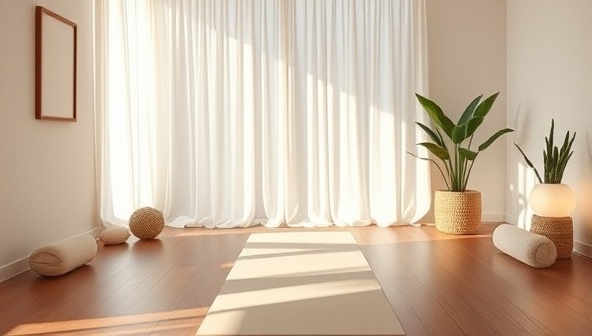 An serene virtual background of a peaceful yoga studio with soft lighting, relaxing decor, and a yoga mat, inviting viewers to immerse themselves in a virtual wellness retreat experience from the comfort of their homes.