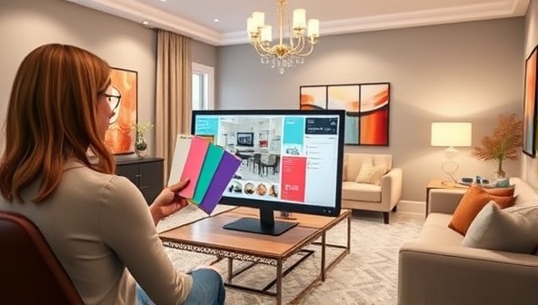 An immersive digital room rendering showcasing a virtual design consultation session, with a designer presenting color swatches, furniture placements, and decor ideas on a computer screen, illustrating the transformative power of virtual interior design services.