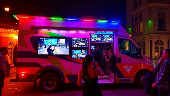 A vibrant and dynamic image of a mobile gaming truck parked at a party venue, with colorful LED lights, gaming screens visible through the windows, and excited participants enjoying multiplayer games together.