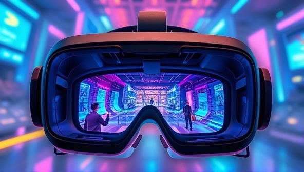 An artistic representation of a virtual reality headset displaying a vibrant and interactive VR marketing campaign, with virtual brand ambassadors guiding users through a futuristic digital landscape, illustrating the immersive and engaging nature of VR BrandScape experiences.