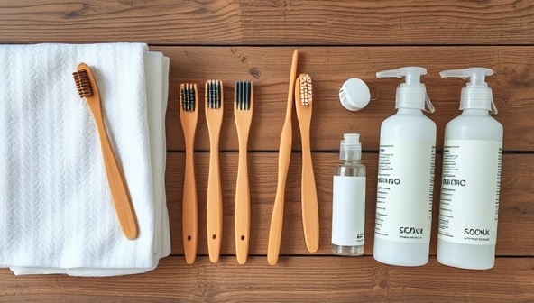 An aesthetically pleasing image of a collection of eco-friendly travel essentials neatly arranged on a wooden table, including bamboo toothbrushes, organic cotton towels, and refillable shampoo bottles, highlighting the beauty and practicality of sustainable travel products.