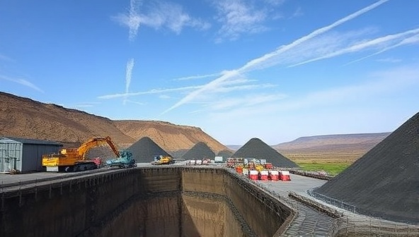 An image of a mining site with a recycling facility adjacent to it, showcasing the seamless integration of waste recycling processes into mining operations, highlighting sustainability and circular economy principles.