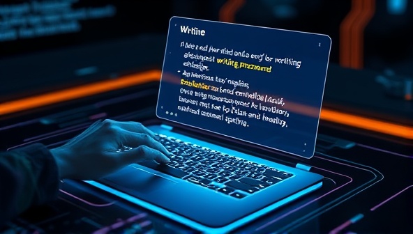 A futuristic AI interface displaying a user typing on a sleek digital keyboard while receiving real-time writing suggestions and improvements on a holographic screen, creating a seamless and efficient writing experience.