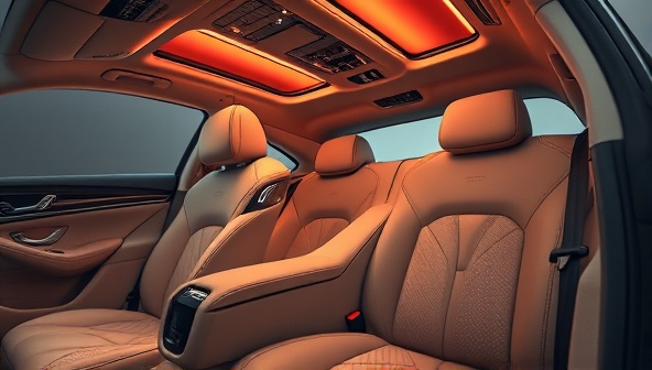 An elegant and sophisticated image showcasing a luxury car interior featuring premium leather seats, custom lighting, and bespoke details, exuding opulence and refinement in automotive design.