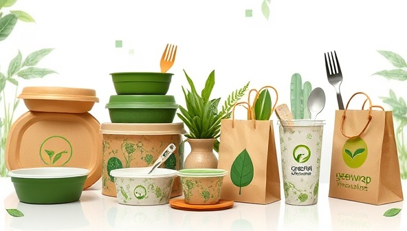An artistic portrayal of a diverse range of eco-friendly food packaging products from GreenWrap Innovations, including sleek compostable containers, biodegradable cutlery sets, and recyclable paper bags adorned with nature-inspired motifs and earth-friendly messaging, conveying a harmonious blend of sustainability and style in food packaging.