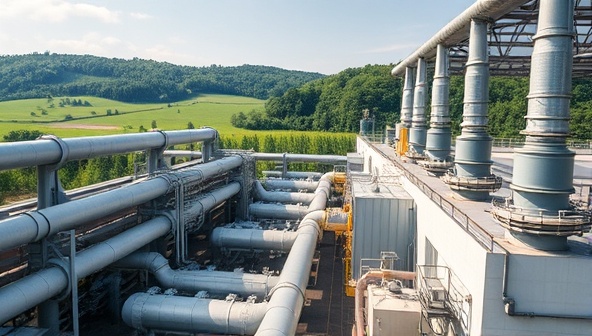 An industrial facility with pipes and machinery converting waste into energy, surrounded by green landscapes and clean air, illustrating the transformation of waste into sustainable power.