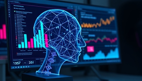 An AI algorithm in action, analyzing real estate data points, generating predictive insights, and highlighting potential leads on a computer screen, illustrating the advanced capabilities of LeadsGenius AI for efficient lead generation in the real estate industry.