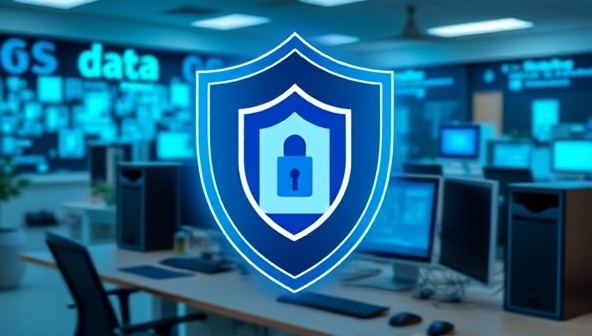 An impactful visual showcasing a small business office setting with computers, servers, and digital security icons, overlaid with a protective shield symbolizing the robust data protection and insurance coverage provided by DataShield Assurance, instilling confidence and resilience in small business owners against cyber threats and breaches.
