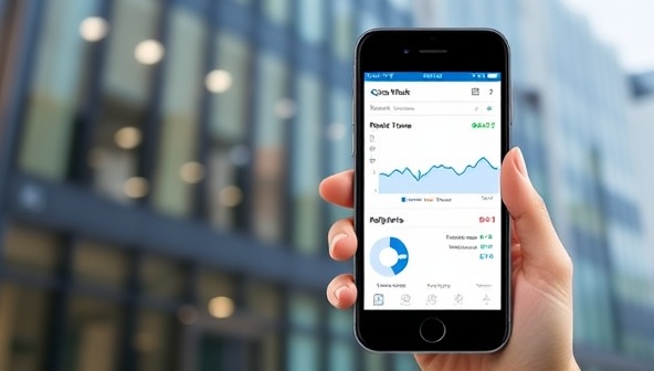 A smartphone displaying the AquaTrack Insights app interface with real-time water usage data graphs and alerts, overlaid on an office building background, illustrating the app's functionality and value in optimizing water efficiency for businesses, creating a visually engaging representation of commercial water management.