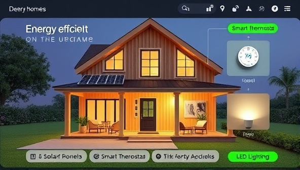 An interactive platform interface showing a virtual home with energy-efficient upgrades like solar panels, smart thermostats, and LED lighting, illustrating the concept of a personalized energy audit.