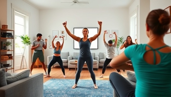 An energetic virtual workout session led by a fitness coach, with participants engaging in diverse exercises from their homes, showcasing a vibrant and supportive online fitness community.