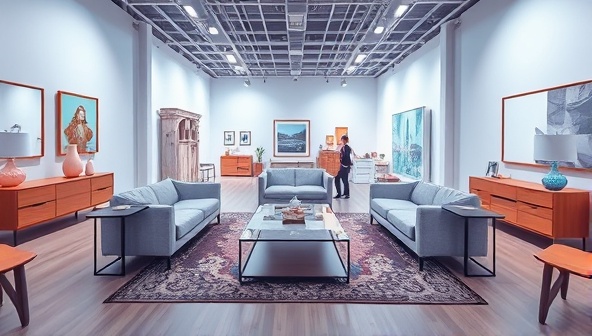 An immersive virtual furniture showroom scene with a user navigating through different room setups and customizing furniture pieces in real-time, creating a dynamic and interactive shopping experience that replicates a physical showroom visit.
