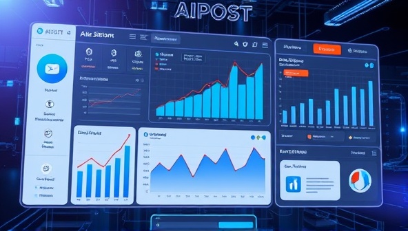 An artistic representation of AIpost in action, showing a futuristic dashboard with graphs and analytics, AI algorithms optimizing posting schedules, and a user-friendly interface for content creators, symbolizing efficiency and innovation.