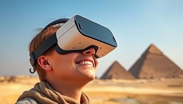 An individual wearing a VR headset, smiling in awe as they virtually stand in front of the pyramids of Giza, capturing the immersive and transformative nature of VirtualWander experiences.