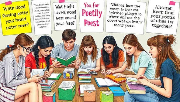 An artistic depiction of a diverse group of teenage poets engaged in a workshop, surrounded by colorful journals, writing prompts, and inspirational quotes, fostering a vibrant and creative atmosphere for young writers to explore poetry together.