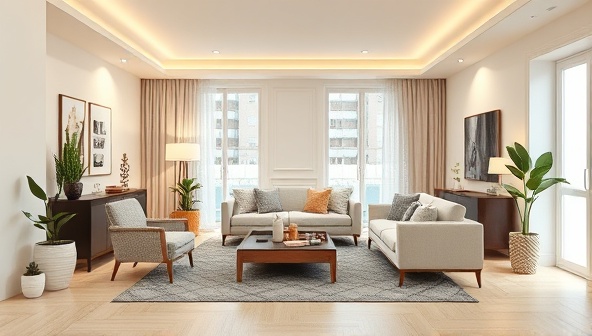 An elegant virtual room design featuring a cozy living space with modern furniture, stylish decor, and warm lighting, creating a welcoming and comfortable ambiance.