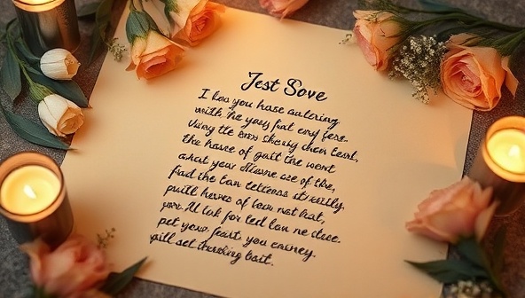 An elegant handwritten poem on a parchment paper, surrounded by delicate floral decorations and lit by a soft candlelight, evoking a sense of intimacy and emotional connection through personalized poetry.