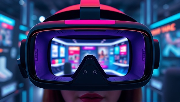 An immersive virtual reality headset displaying a vibrant and engaging VR marketing experience, with virtual product displays and interactive elements, illustrating the futuristic and captivating nature of the service.